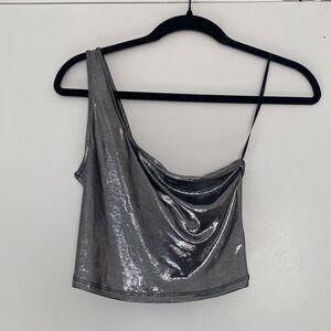 NWT H&M Divided silver metallic shiny one shoulder crop top size small